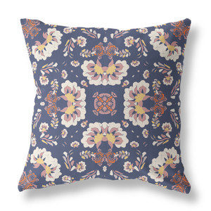 16" X 16" Blue And White Floral Blown Seam Suede Throw Pillow