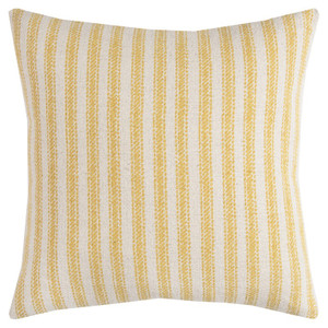 20" Yellow And Natural Ticking Stripe Cotton Canvas Throw Pillow