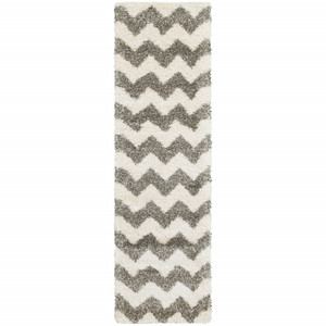 2' X 8' Grey And Ivory Geometric Shag Power Loom Stain Resistant Runner Rug - 606114584674