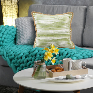 20" Green White And Natural Striped Cotton And Jute Throw Pillow