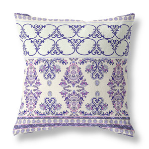 16" X 16" White And Purple Stencil Blown Seam Suede Throw Pillow