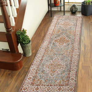 7' Orange Light Blue And Beige Oriental Runner Rug