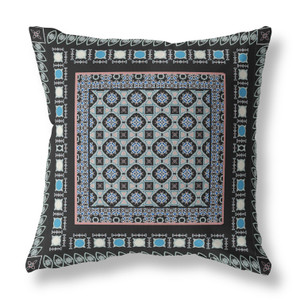16" X 16" Black And Blue Floral Blown Seam Suede Throw Pillow