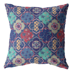 16” Navy Red Trellis Suede Throw Pillow
