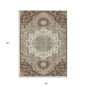 3' X 5' Chocolate Beige And Gray Oriental Washable Indoor Outdoor Area Rug