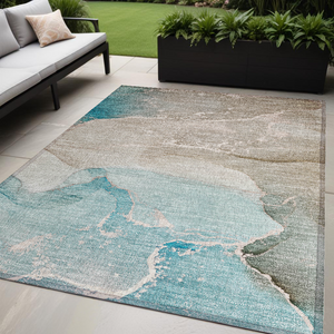 5' X 8' Teal Abstract Washable Non Skid Indoor Outdoor Area Rug Transitional Style - Teal Blue Color