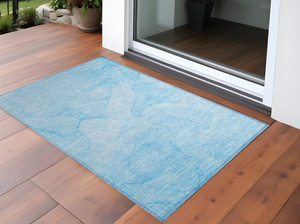 3' X 5' Blue Abstract Washable Non Skid Indoor Outdoor Area Rug Transitional Style - Blue Color
