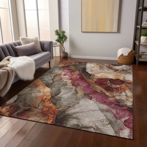 3' X 5' Khaki And Blush Floral Washable Indoor Outdoor Area Rug