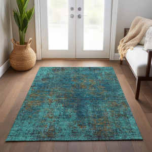5' X 8' Teal Blue Navy Blue And Brown Abstract Washable Indoor Outdoor Area Rug