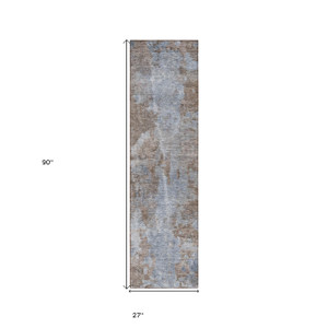 8' Runner Mocha and Blue Abstract Washable Non Skid Indoor Outdoor Runner Rug