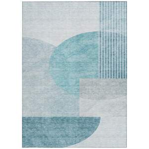5' X 8' Teal Blue And Silver Geometric Washable Indoor Outdoor Area Rug
