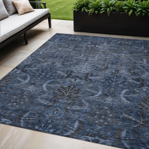 5' X 8' Navy Blue And Charcoal Damask Washable Indoor Outdoor Area Rug - 880016505375
