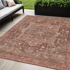 5' X 8' Burgundy Medallion Washable Indoor Outdoor Area Rug