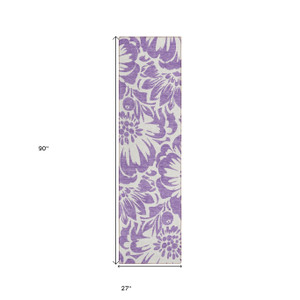8' Runner Purple and Ivory Floral Washable Non Skid Indoor Outdoor Runner Rug