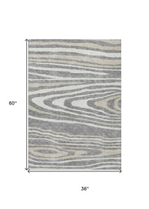 3' X 5' Gray Ivory And Beige Faux Bois Washable Indoor Outdoor Area Rug