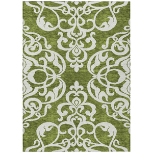 3' X 5' Green And Ivory Damask Washable Indoor Outdoor Area Rug - Green, Ivory