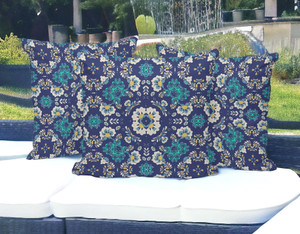 Set of Three 16" X 16" Blue and White Botanical Indoor Outdoor Throw Pillow Polyester Decor