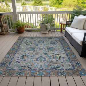 5' X 8' Pewter And Teal Blue Floral Washable Indoor Outdoor Area Rug