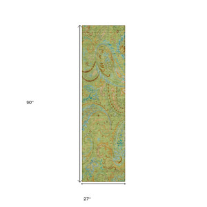 2' X 8' Artichoke Green Paisley Washable Indoor Outdoor Runner Rug