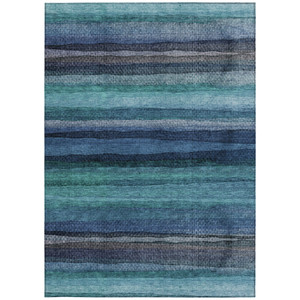 5' X 8' Teal Blue Aqua And Navy Blue Striped Washable Indoor Outdoor Area Rug