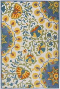 5' X 8' Ivory Blue Yellow And Orange Floral Indoor Outdoor Area Rug