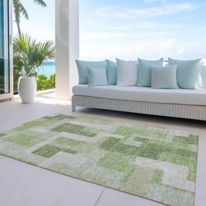 3' X 5' Green Sage And Beige Geometric Washable Indoor Outdoor Area Rug
