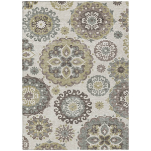 5' X 8' Beige Taupe And Brown Floral Medallion Washable Indoor Outdoor Area Rug
