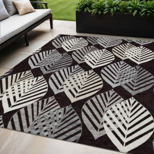 5' X 8' Black Silver And Charcoal Floral Washable Indoor Outdoor Area Rug