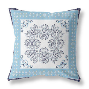 26" X 26" White And Indigo Blown Seam Floral Indoor Outdoor Throw Pillow