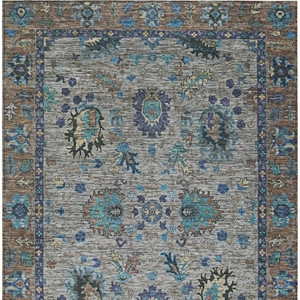3' X 5' Pewter And Teal Blue Floral Washable Indoor Outdoor Area Rug