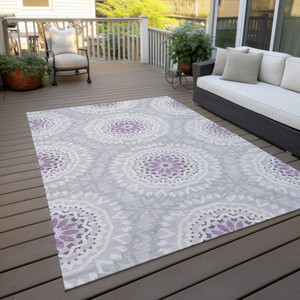 5' X 8' Lilac Purple And Ivory Floral Medallion Washable Indoor Outdoor Area Rug