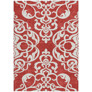 5' X 8' Red And Ivory Damask Washable Indoor Outdoor Area Rug - Red, Ivory