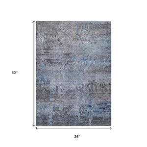 3' X 5' Gray And Blue Abstract Washable Indoor Outdoor Area Rug
