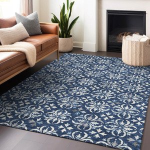 5' X 8' Navy Blue And Ivory Floral Washable Indoor Outdoor Area Rug Transitional Style - Navy Blue, Ivory Color