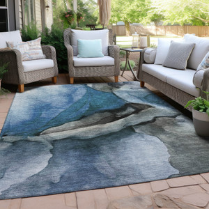 5' X 8' Blue And Gray Abstract Washable Indoor Outdoor Area Rug - 880016610123