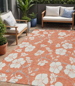 5' X 8' Coral Ivory And Gray Floral Washable Indoor Outdoor Area Rug