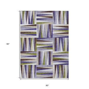 5' X 8' Lavender Brown And Green Geometric Washable Indoor Outdoor Area Rug