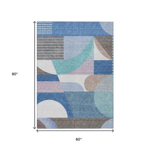 5' X 8' Sky Blue Teal Blue And Brown Geometric Washable Indoor Outdoor Area Rug