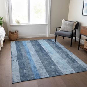 5' X 8' Blue And Gray Striped Washable Indoor Outdoor Area Rug - Blue, Gray
