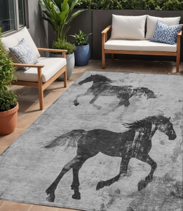 5' X 8' Gray And Charcoal Horse Washable Indoor Outdoor Area Rug