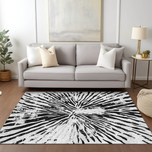 5' X 8' Ivory Black And Gray Abstract Washable Indoor Outdoor Area Rug