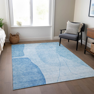 5' X 8' Denim Blue And Sky Blue Abstract Washable Indoor Outdoor Area Rug Transitional Style - Denim Blue, Sky Blue Color