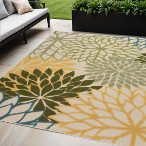 5' X 8' Green Yellow And Blue Floral Indoor Outdoor Area Rug