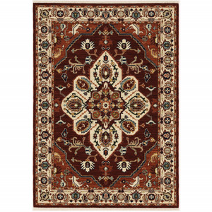 2' X 3' Red Ivory Orange And Blue Oriental Power Loom Stain Resistant Area Rug With Fringe