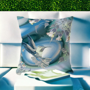 26" X 26" Blue and White Bird Blown Seam Floral Indoor Outdoor Throw Pillow Polyester and Cotton Blend