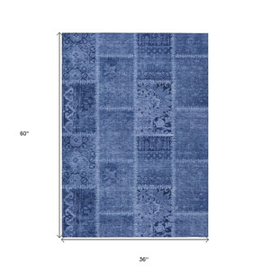 3' X 5' Navy Blue And Denim Blue Patchwork Washable Indoor Outdoor Area Rug