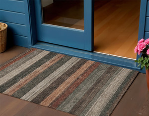 3' X 5' Rust And Taupe Striped Washable Indoor Outdoor Area Rug