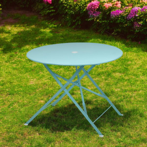 36" Aqua Rounded Aluminum Folding Outdoor Dining Table with Umbrella Hole