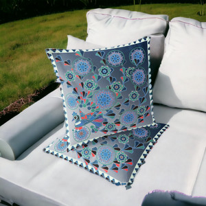 Set of Two 16" X 16" Blue and White Peacock Blown Seam Floral Indoor Outdoor Throw Pillow - 606114836278