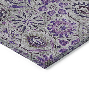 3' X 5' Purple And Gray Floral Washable Indoor Outdoor Area Rug - Purple, Gray